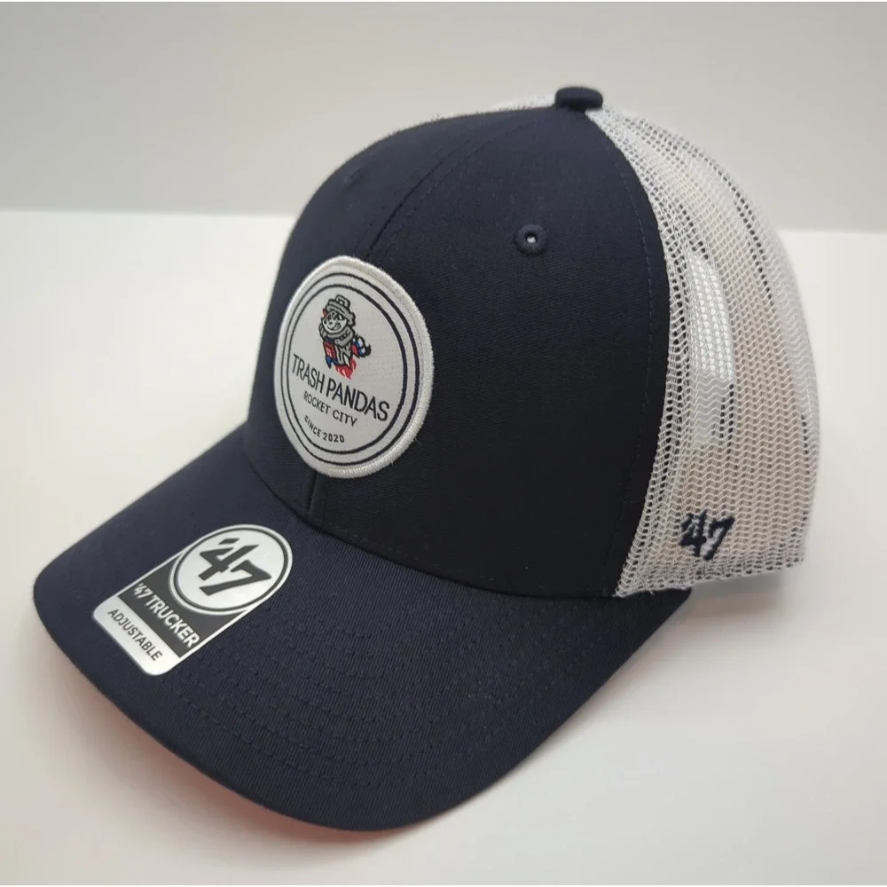47 Brand Rocket City Trash Pandas Trucker Hat Navy Blue White Snapback MiLB Cap